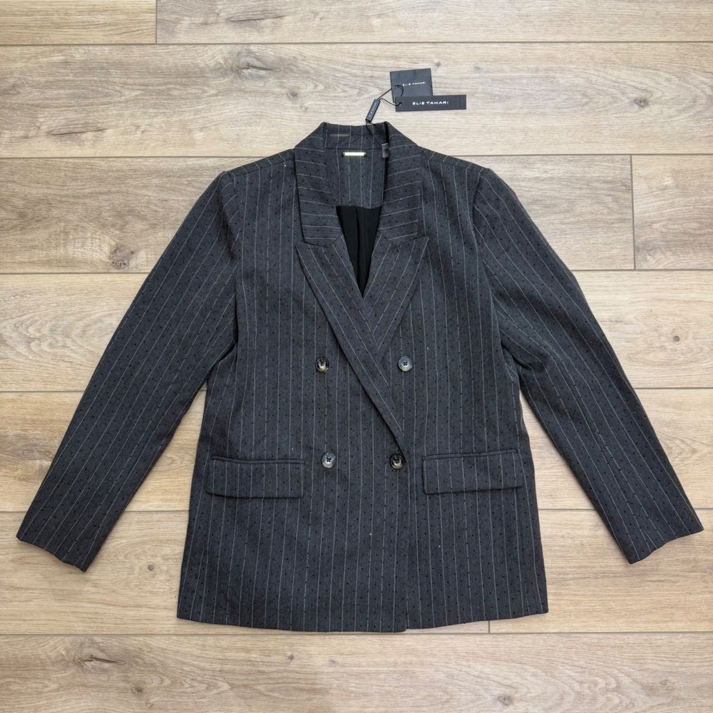 Elie Tahari Womens Pin Stripe Rhinestone Double Breasted Blazer‎ Menswear Size M